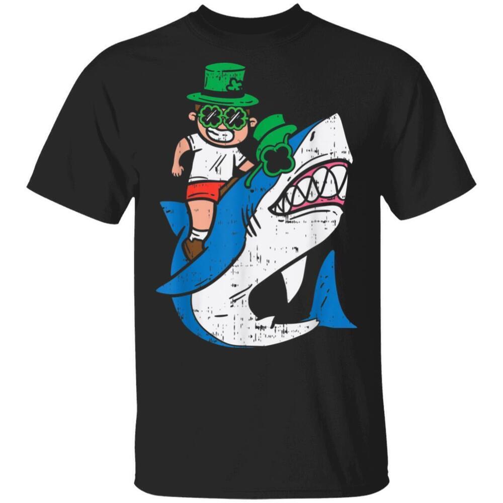 Boy Riding Irish Shark Funny St Patricks Day Kids Tshirt